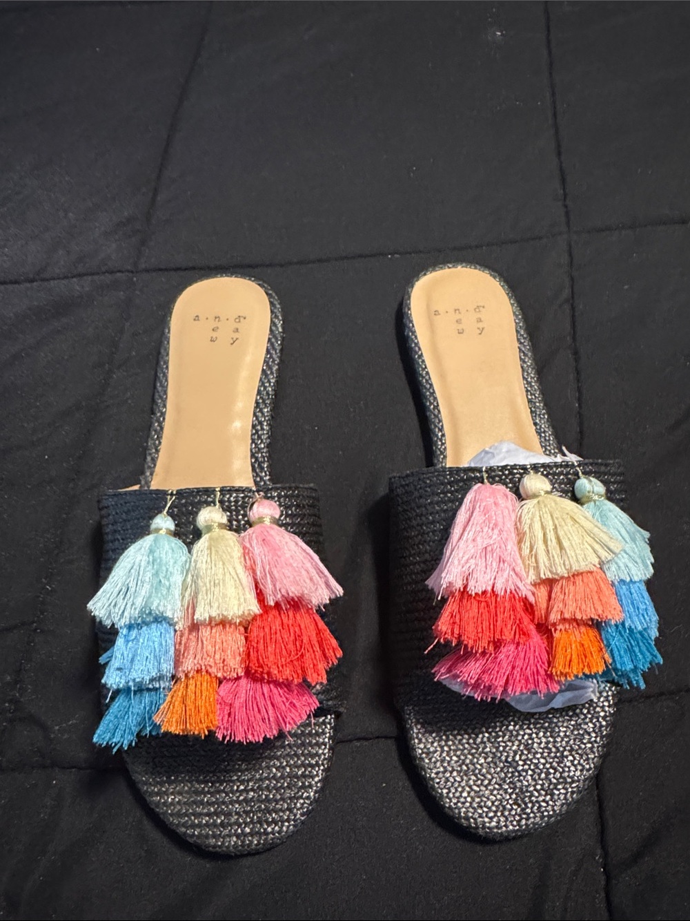 a new day Black Slide Mules with Colorful Tassel Clusters